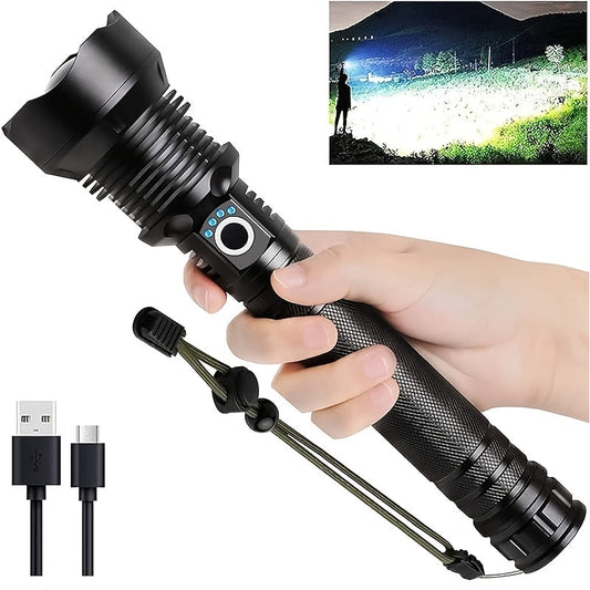 Lampe torche tactique rechargeable 4000 lumens – Lampe LED haute intensité, USB-C, portée 500 m, 4 modes, alliage d'aluminium, étanche pour camping, pêche, randonnée, patrouille nocturne et urgence