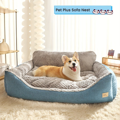 Canapé-lit de luxe en peluche pour animaux avec dossier haut – Panier pour chiens et chats épais, chaud et lavable, confort toutes saisons, housse facile à nettoyer, tailles S L XL, bleu gris