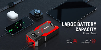 Démarreur de voiture 4000A/6000A avec compresseur d'air 150 PSI – Booster de batterie portable 2-en-1 et gonfleur de pneus, batterie externe à charge rapide USB, lampe de poche à 3 modes pour voitures, camions, motos et SUV