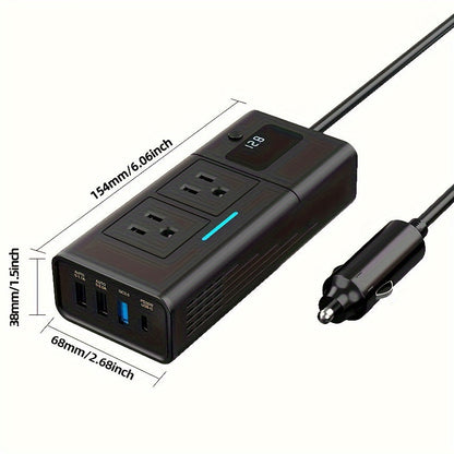Onduleur de voiture 200W 12V vers 110V AC – Convertisseur DC vers AC avec USB-C, charge rapide QC3.0 et deux ports USB, adaptateur de prise de voiture pour ordinateur portable, téléphone, camping et voyages (aucune batterie requise)