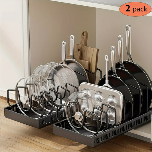 Organisateur de casseroles et poêles coulissant pour sous-meuble, lot de 2 organisateurs de placard coulissants avec 8 séparateurs réglables, support de couvercles pour ustensiles de cuisine et plaques de cuisson