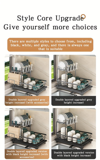 Égouttoir à vaisselle en métal à 2 niveaux avec porte-couverts, porte-gobelets et plateau d'égouttage antirouille – Égouttoir compact pour plan de travail de cuisine, égouttoir en acier durable pour tous types de surfaces