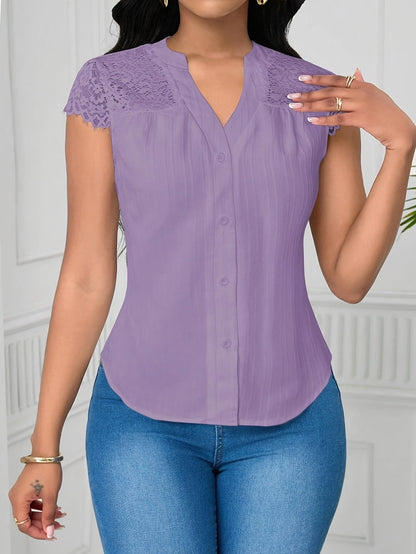 Women's Elegant Lace Patchwork Blouse – V-Neck Striped Semi-Sheer Woven Top for Summer, Casual & Weekend Wear