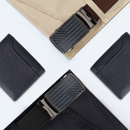 Lot de 2 ceintures à cliquet en cuir refendu pour homme – Motif drapeau américain avec boucle automatique en alliage, ceintures réglables style golf et décontracté en noir et marron, tailles 110 cm à 130 cm (tour de taille 76 cm-112 cm)