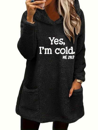 Women's "Yes I'm Cold" Teddy Bear Graphic Hooded Sweatshirt – Cozy Fleece-Lined Pullover Hoodie Double Pocket Long Sleeve 100% Polyester Fall Winter Casual Top