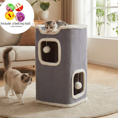 Arbre à chat pliable à plusieurs niveaux pour chats d'intérieur - Maison pour chat résistante aux griffures avec couchage douillet, cachette et balles à grelots, meuble pour chat de 1 à 3 étages pour grimper, jouer et se reposer