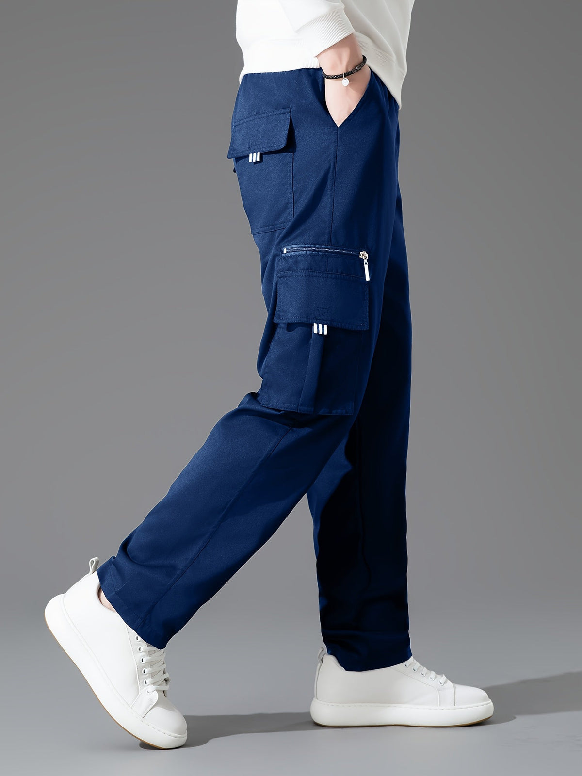 Lot de 3 pantalons cargo pour homme, coupe droite multipoches – Pantalon de randonnée en polyester tissé uni pour le printemps et l'automne, tailles S à XXXL, 9 combinaisons de couleurs