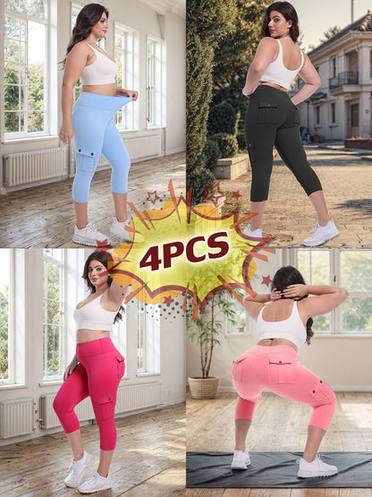 Lot de 4 pantalons de yoga Capri taille haute pour femmes, extensible dans les 4 sens, galbant, gainant, 4 poches - Leggings de sport pour la course, S-XXL, toutes saisons