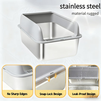 Stainless Steel Cat Litter Box – Odor-Proof High-Sided Metal Litter Tray, Non-Stick Anti-Scratch Leak-Proof Design, Easy to Clean Indoor Cat Toilet for Large, Medium & Small Cats, Multiple Sizes & Colors