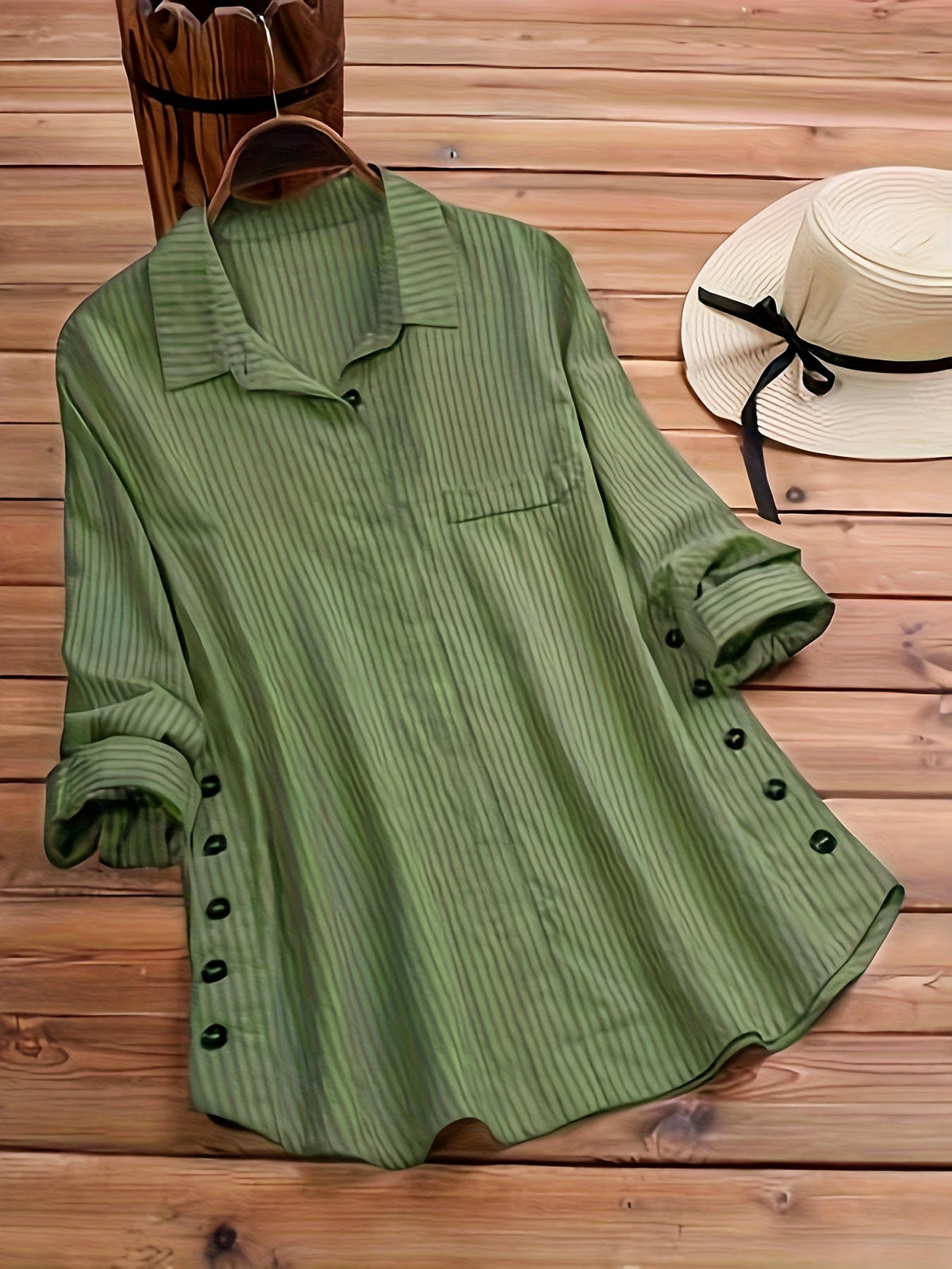 Chemise boutonnée à manches longues rayées pour femme, col à revers, fausse poche, chemisier ample décontracté, jaune, vert olive, printemps, automne, S, M, L, XL, XXL