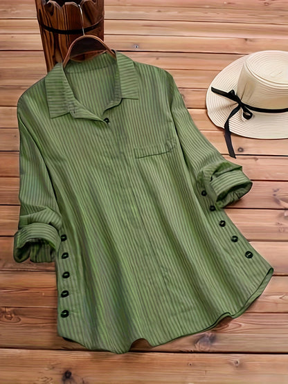 Chemise boutonnée à manches longues rayées pour femme, col à revers, fausse poche, chemisier ample décontracté, jaune, vert olive, printemps, automne, S, M, L, XL, XXL