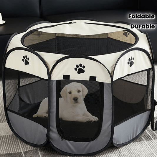Parc pour animaux pliable octogonal en tissu Oxford – Enclos portable anti-griffures pour chiens, chats et lapins, usage intérieur et extérieur, tailles S M L – Parc de voyage pour animaux, beige marron, beige gris