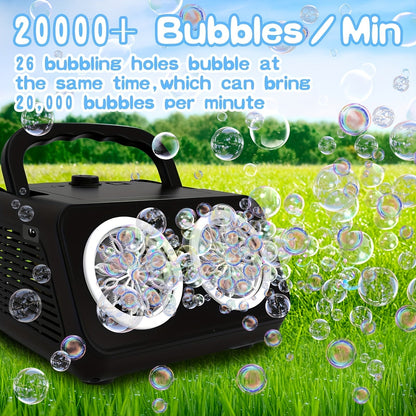 Machine à bulles automatique pour enfants et tout-petits – Souffleuse à bulles électrique avec 2 ventilateurs, plus de 20 000 bulles par minute, fonctionne sur piles, solution à bulles incluse, jouet à bulles d'extérieur pour fêtes et anniversaires