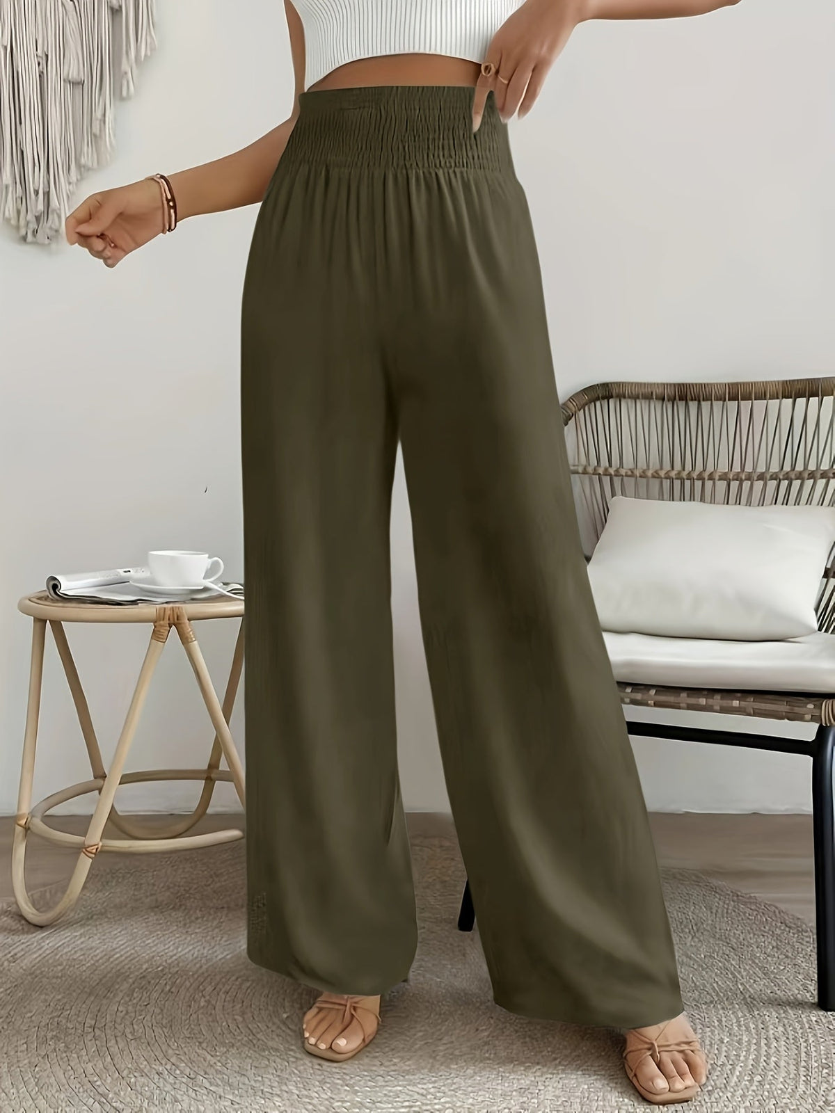 Pantalon élégant taille haute pour femme, couleur unie, matière lisse légèrement extensible - Pantalon décontracté chic, lavable en machine, idéal pour le printemps, l'été, l'automne, le bureau ou le quotidien