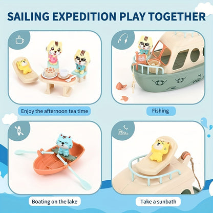 Cat Pirate Boat Playset for Kids – Kitten Pretend Play Toy with Cat Figures & Random Accessory Colors, Fun Pet Pretend Play Set, Pirate Party Favor Prize, Creative Gift for Boys Girls Ages 3 4 5 6+