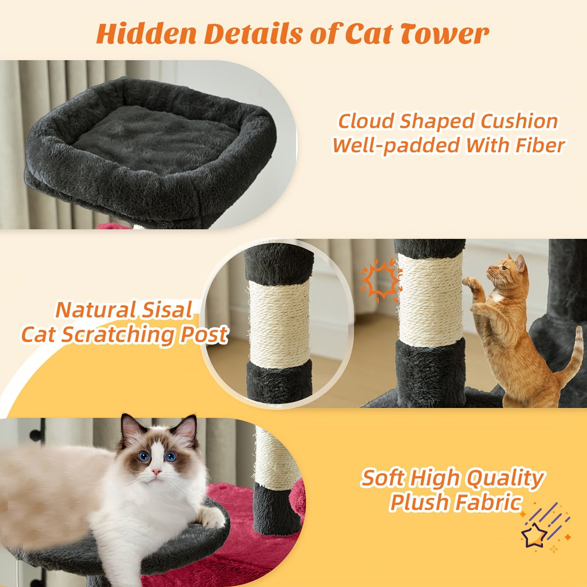 Arbre à chat avec hamac et poteaux à griffer en sisal de 112 cm – Condominium pour chats d'intérieur à plusieurs niveaux avec perchoirs naturels pour grands chats et foyers multi-chats, base stable et robuste, beige, gris, rose, noir