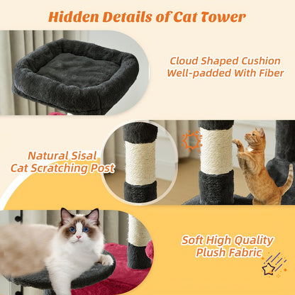 Arbre à chat avec hamac et poteaux à griffer en sisal de 112 cm – Condominium pour chats d'intérieur à plusieurs niveaux avec perchoirs naturels pour grands chats et foyers multi-chats, base stable et robuste, beige, gris, rose, noir