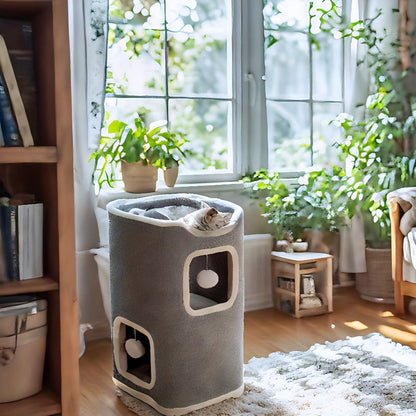 Arbre à chat pliable à plusieurs niveaux pour chats d'intérieur - Maison pour chat résistante aux griffures avec couchage douillet, cachette et balles à grelots, meuble pour chat de 1 à 3 étages pour grimper, jouer et se reposer