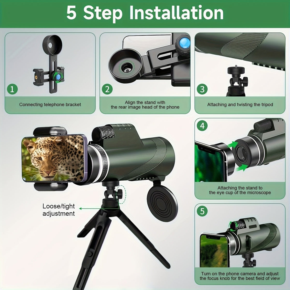 Monoculaire HD 10x42 avec adaptateur pour téléphone et trépied – Longue-vue compacte à lentilles FMC pour l'observation des oiseaux, la faune, la randonnée, le camping, les concerts et le sport – Noir et vert, cadeau de Noël