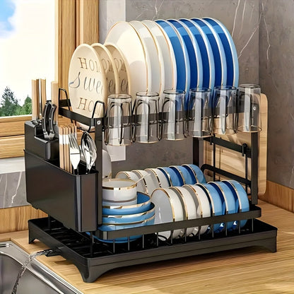 Égouttoir à vaisselle à 2 niveaux avec plateau d'égouttage pour comptoir de cuisine – Égouttoir en métal grande capacité avec plateau de récupération, organisateur pour assiettes, tasses et ustensiles, disponible en noir, blanc et gris