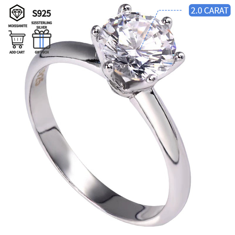 Bague de fiançailles solitaire en argent sterling S925 avec moissanite de 2,0 carats – Sertissage classique à six griffes, alternative au diamant de laboratoire certifiée GRA, livrée dans un coffret cadeau de luxe, tailles 4 à 11