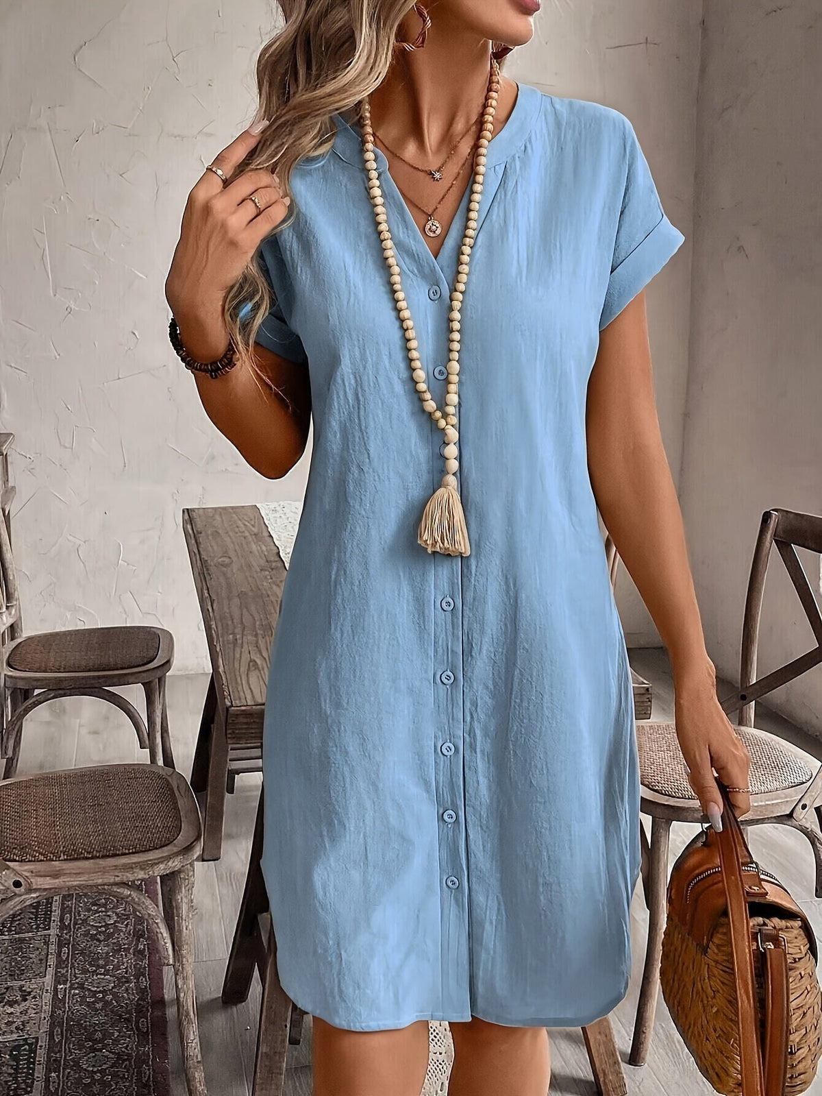 Robe chemisier décontractée à col en V pour femme, coupe ample et boutonnée – Élégante robe d'été unie disponible en 9 couleurs pour le quotidien et les vacances