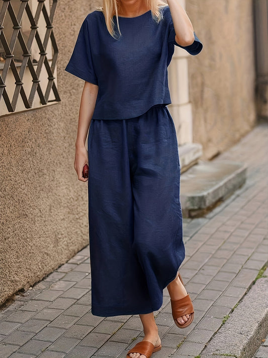 Ensemble tailleur pantalon 2 pièces pour femme, élégant et décontracté, haut à manches courtes et col rond, pantalon large, tenue ample toutes saisons, S M L XL XXL