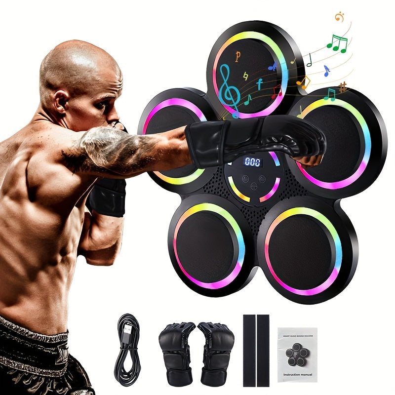 Machine de boxe musicale intelligente avec gants – Montage mural, éclairage rythmique LED, Bluetooth, 9 modes de vitesse, compteur de coups LED intelligent, cadeau de fitness pour salle de sport à domicile pour adultes et adolescents