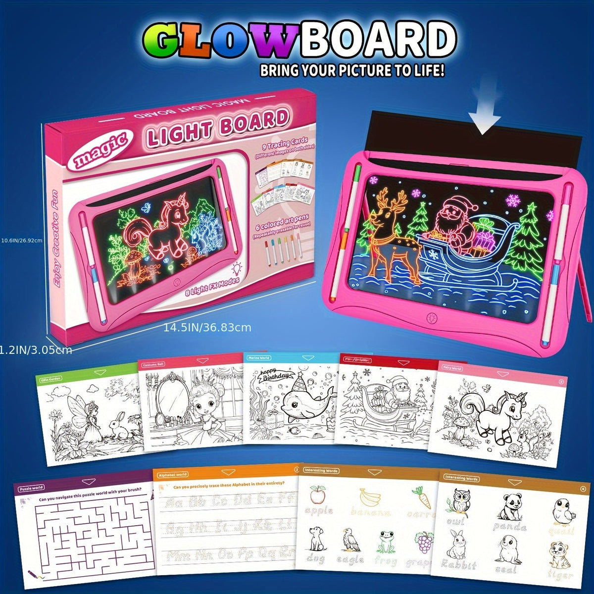 Tablette à dessin lumineuse LED pour enfants de 3 à 8 ans – Kit d’art phosphorescent avec 9 cartes recto-verso et 6 marqueurs, jouet éducatif de voyage, cadeau d'anniversaire et de Noël pour filles et garçons