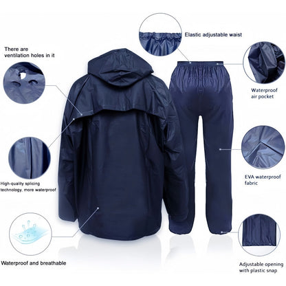 Ensemble de pluie imperméable pour hommes et femmes – Manteau de pluie léger et coupe-vent avec pantalon, équipement de pluie compact pour la randonnée, la pêche, le cyclisme et les sports de plein air, bleu marine, S-XXXL