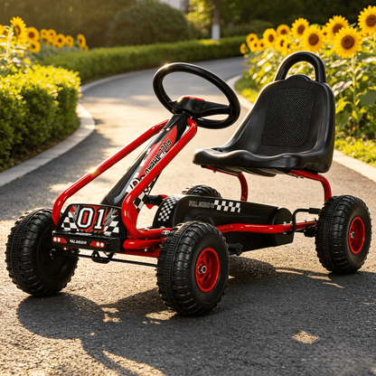 Kart à pédales pour enfants de 3 à 6 ans, voiture à pédales à 4 roues avec siège réglable, frein à main, roues antidérapantes, kart de course extérieur pour garçons et filles - Bleu, vert, rouge, rose