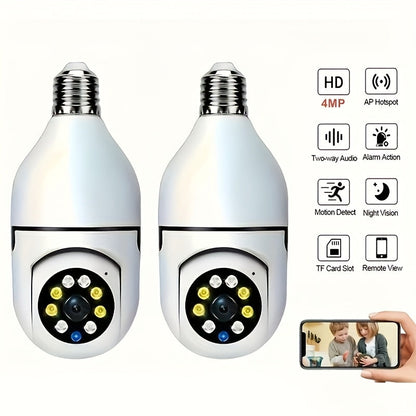 Lot de 2 caméras de sécurité ampoule 4 MP sans fil panoramique 360° HD WiFi 5 GHz/2,4 GHz, vision nocturne, audio bidirectionnel, contrôle par application, caméra de surveillance pour intérieur, maison, garage et animaux.