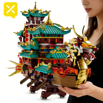 Ensemble de construction du Festival des bateaux-dragons de 2453 pièces - Modèle de briques ABS à grande échelle, niveau d'assemblage intermédiaire | Pièce d'exposition culturelle unique et cadeau pour Noël, Thanksgiving, Halloween et le Nouvel An