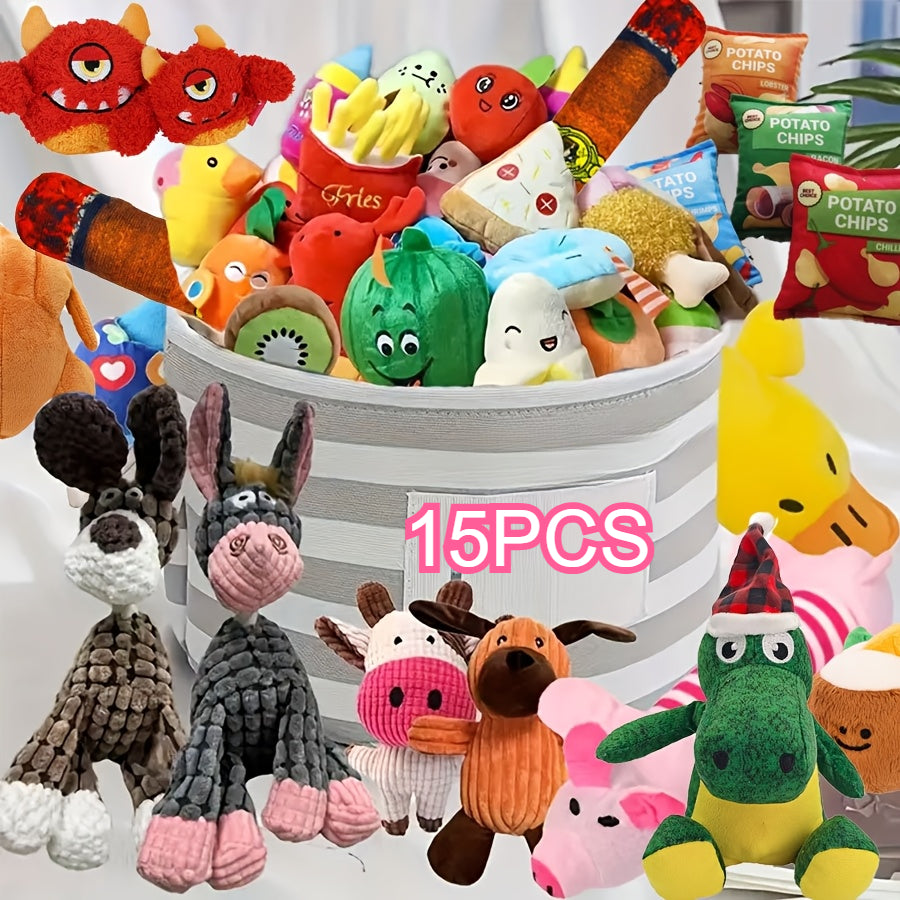 Lot de 15 jouets en peluche couineurs pour chien – Motifs aléatoires mignons, jouets à mâcher avec pouët pour petits chiens, sans pile, peluches douces et résistantes pour le nettoyage des dents et le jeu, coffret cadeau varié