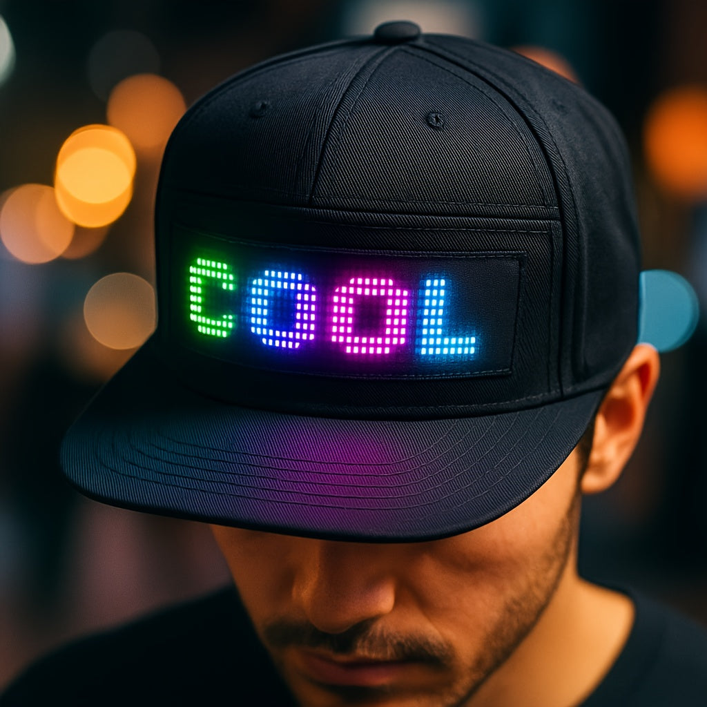 Casquette LED programmable avec texte défilant et motifs animés – Casquette de baseball tissée réglable, contrôlée par application, pour hommes, noire, idéale pour les fêtes, festivals et vacances