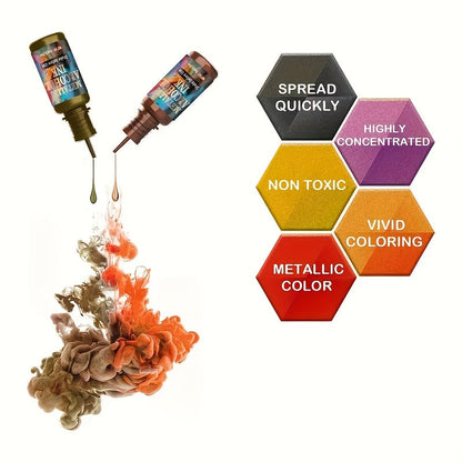 Ensemble de 12 encres à alcool métalliques pour art en résine époxy – Pigment pailleté concentré pour créations en résine type boîte de Petri et gobelets, 10 ml par flacon