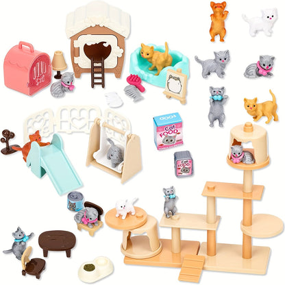 Ensemble de figurines de chat, jouets pour enfants - Centre de soins interactif pour chatons, jeu de rôle pour filles et garçons de 3, 4, 5 et 6 ans, ensemble de jeu réaliste avec accessoires, cadeau d'anniversaire pour les amoureux des chats