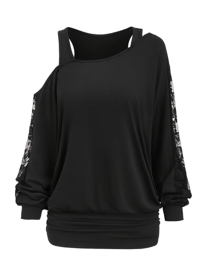 Lace Splicing Long Sleeve Top Women Casual Loose Knit Shirt Fall Winter Contrast Lace Panel Blouse Black Deep Red Olive Green Dark Gray S M L XL XXL