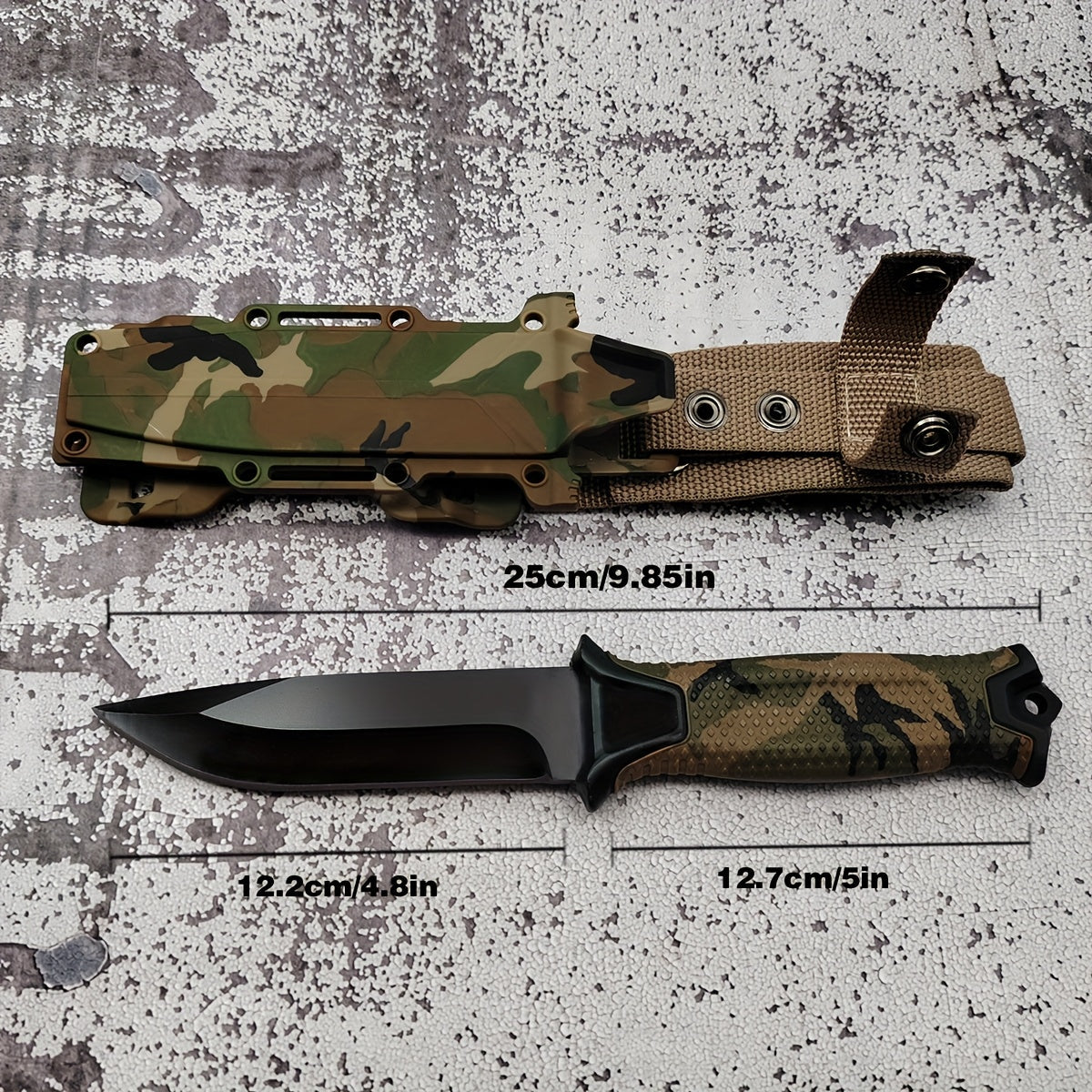 Couteau à lame fixe pour extérieur – Lame droite en acier inoxydable, manche antidérapant, étui type K, couteau EDC pour chasse, pêche, camping, survie, camouflage, outil de terrain polyvalent pour hommes