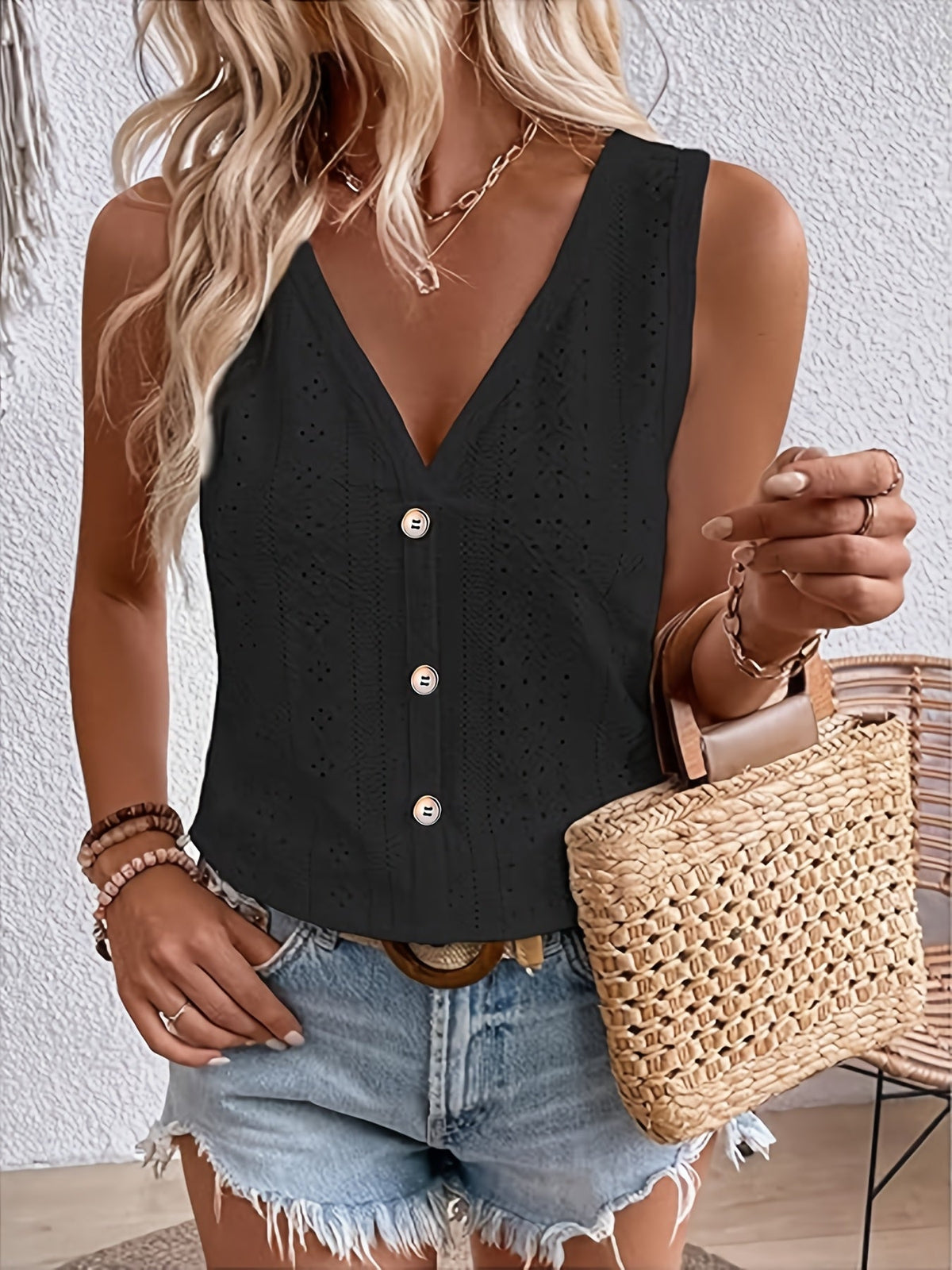 Débardeur à col en V sans manches pour femme, chemisier décontracté à coupe ample avec boutons, couleur unie | Blanc Noir Vert foncé S-XXL