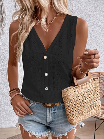 Débardeur à col en V sans manches pour femme, chemisier décontracté à coupe ample avec boutons, couleur unie | Blanc Noir Vert foncé S-XXL