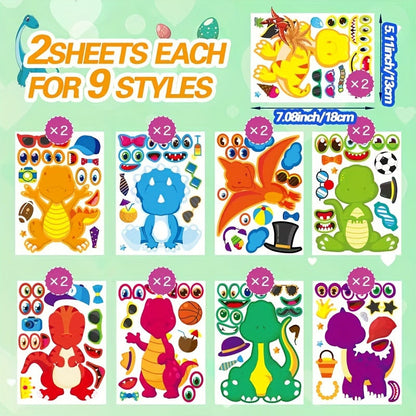 18 feuilles d'autocollants « Crée ton dinosaure » pour enfants – Feuilles d'activités créatives DIY, fournitures et cadeaux amusants pour fête d'anniversaire sur le thème des dinosaures, remplissage de pochettes-surprises pour garçons et filles