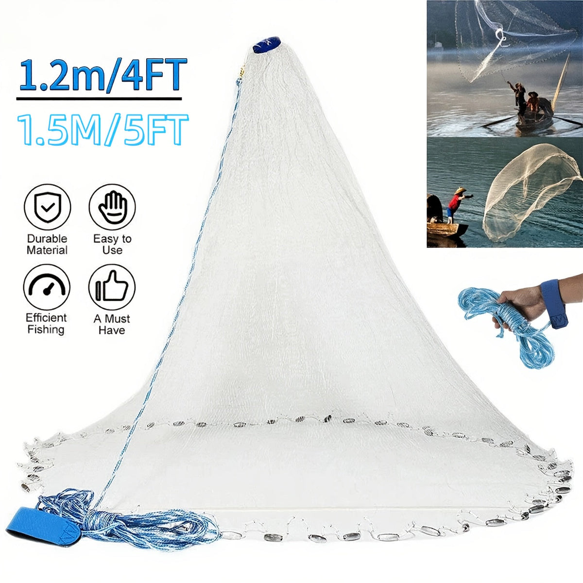 Épervier de pêche 8 pi/10 pi pour la capture d'appâts – Filet en monofilament de nylon robuste avec plombs en zinc haute résistance, conception à lancer facile pour la pêche américaine en eau douce et en mer, émerillon en acier 240/300