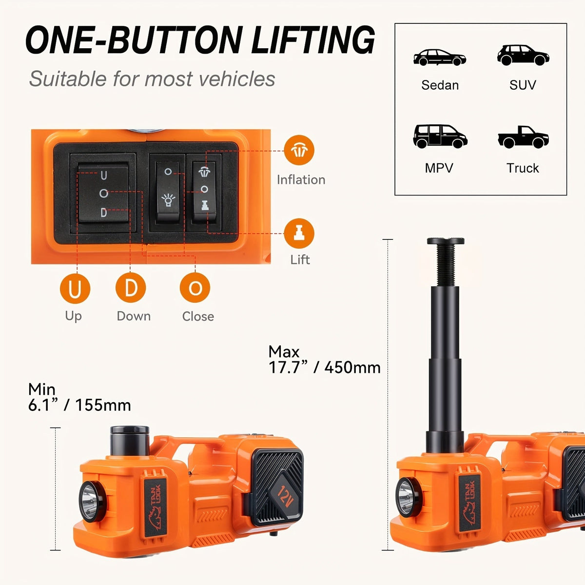 Cric hydraulique électrique de 5 tonnes avec pompe à air intégrée - Élévateur de voiture portable pour le remplacement des pneus de SUV, monospaces et camions, et entretien en garage, clé à chocs électrique en option, outil d'urgence routière