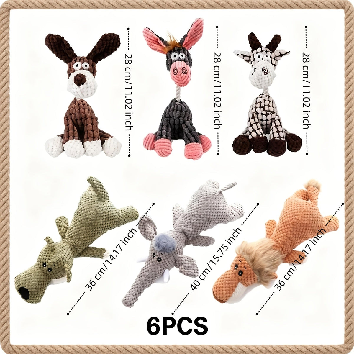 Lot de 6 jouets en peluche grinçants pour chien – Ensemble de jouets à mâcher et de dentition en forme d'animaux mignons, jouets interactifs en peluche pour petits et moyens chiens, soulagement de l'anxiété et nettoyage des dents, sûrs et durables