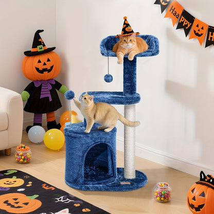 Arbre à chat de 81 cm pour chats d'intérieur – Condo douillet, poteau à griffer en sisal, perchoirs en peluche et jouets pompons, tour pour chat bleu jean pour petits et moyens chats, excellent cadeau de mobilier pour chat