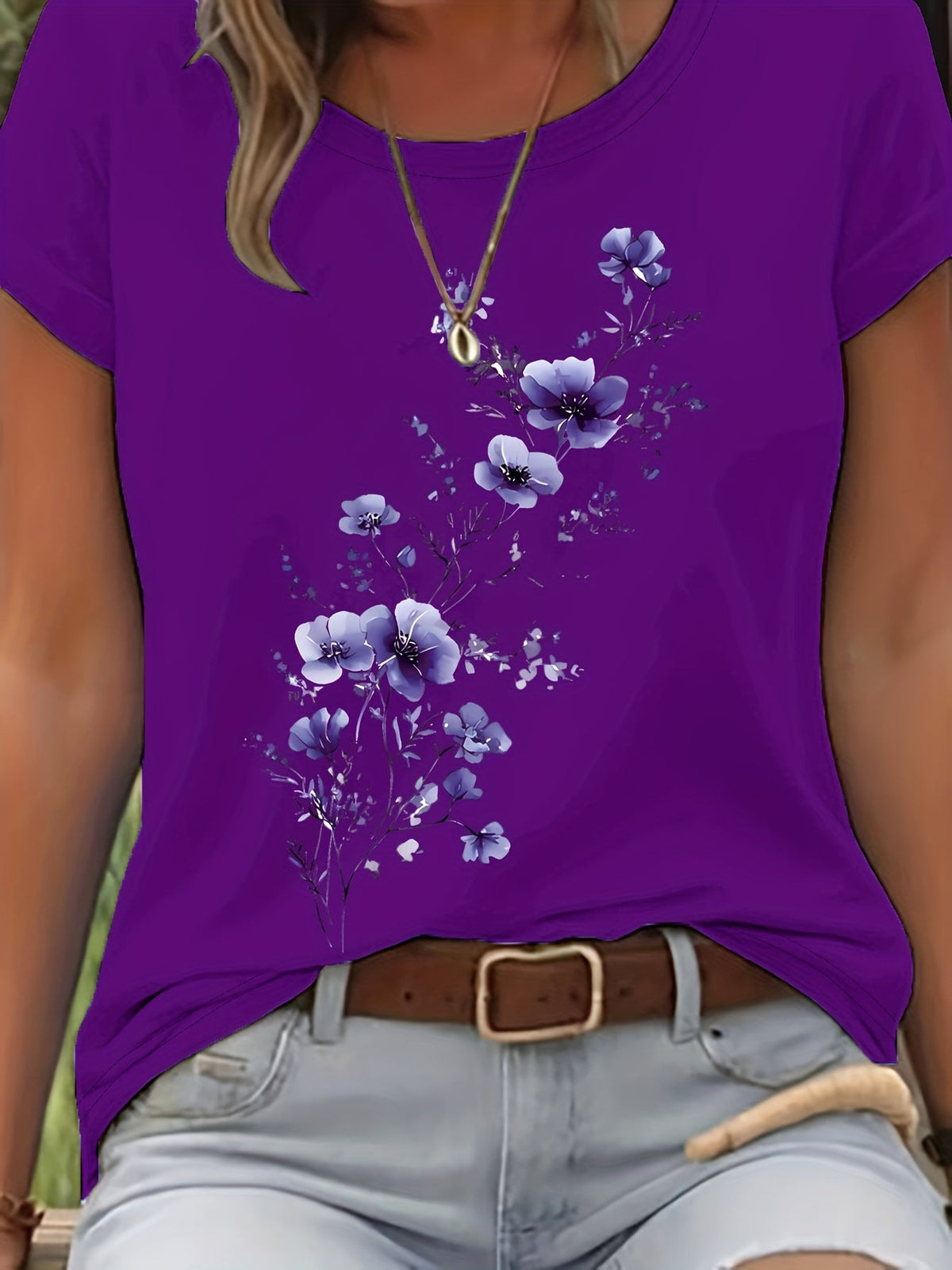 T-shirt pour femme à motif floral aquarelle – Haut décontracté élégant à col rond et manches courtes pour le printemps et l'été