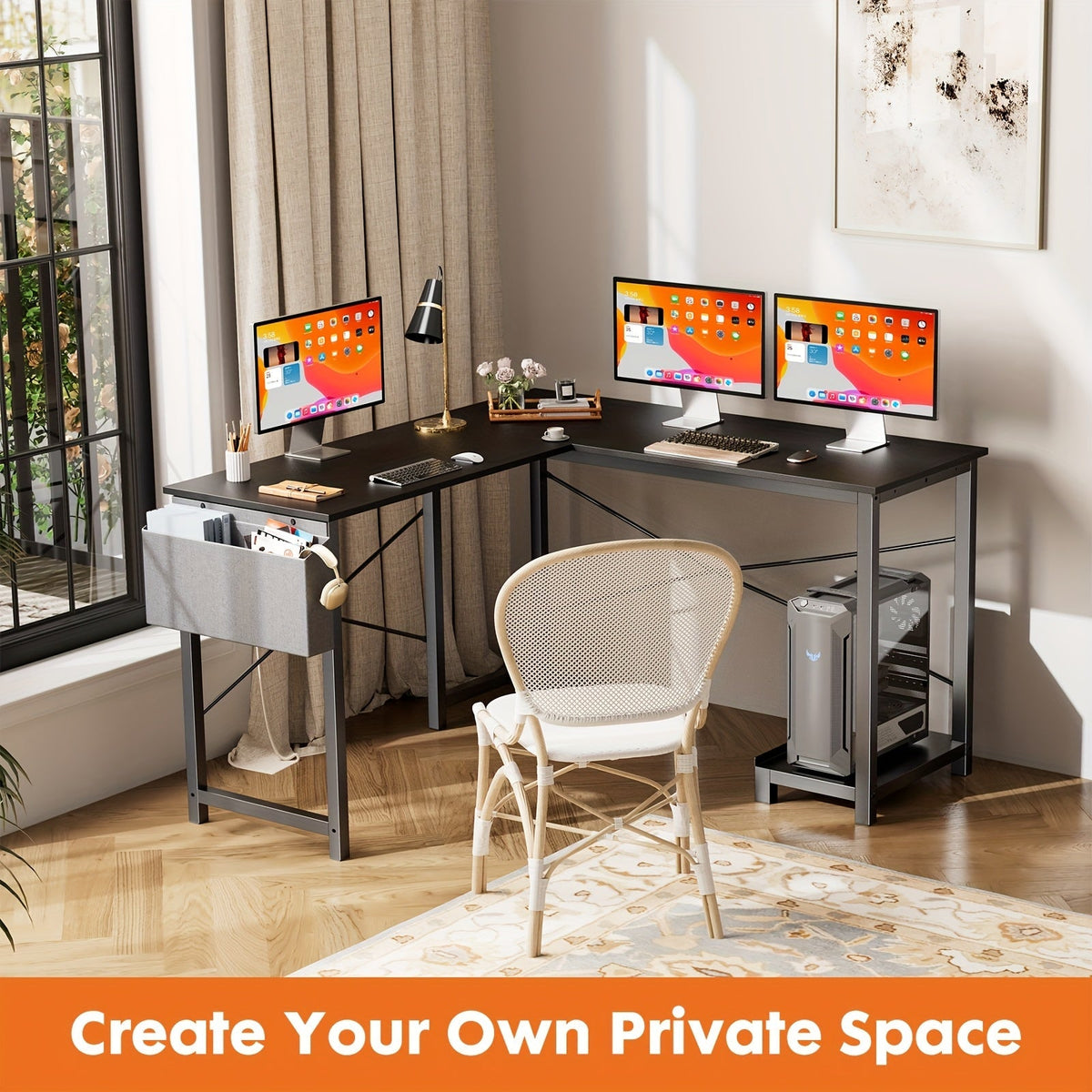 Bureau d'ordinateur en forme de L avec sac de rangement et étagères – Bureau d'angle réversible, poste de travail pour PC et ordinateur portable pour bureau à domicile, salle d'étude, bureau d'écriture peu encombrant
