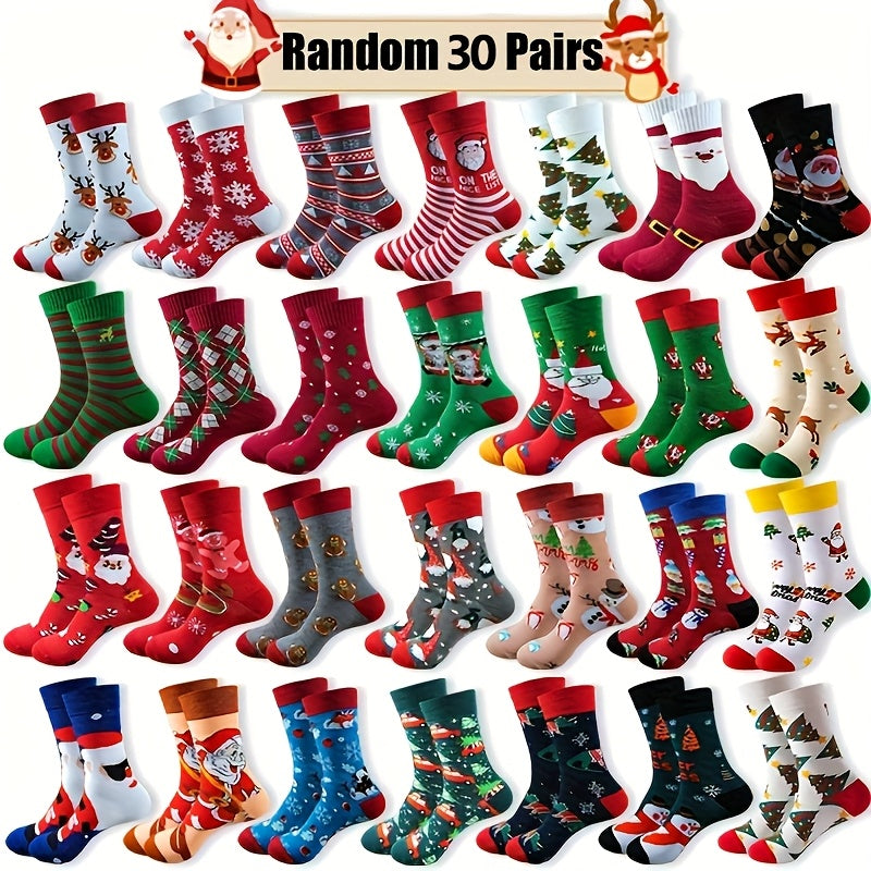 Chaussettes de Noël, 30 paires, motifs de fête amusants : rennes, Père Noël, flocons de neige, pain d'épices, sapin de Noël, chaussettes chaudes à motifs – Coffret cadeau unisexe pour hommes et femmes