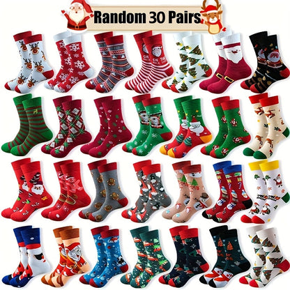 Chaussettes de Noël, 30 paires, motifs de fête amusants : rennes, Père Noël, flocons de neige, pain d'épices, sapin de Noël, chaussettes chaudes à motifs – Coffret cadeau unisexe pour hommes et femmes